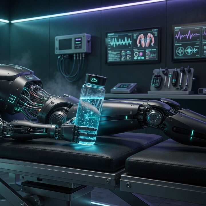 Close crop of a glowing cyan hydration bottle in a robot’s hand, bubbles rising through electrolyte fluid beside a recovery-bay monitor wall.