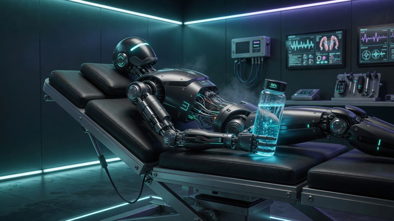 A dark-metal robot reclines on a black recovery table in a teal-lit lab, holding a glowing bottle of sparkling hydration while steam rises from open chest cabling.
