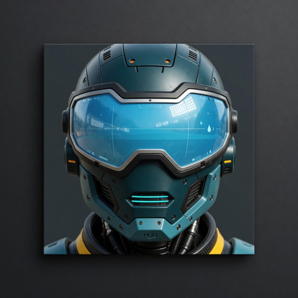 Teal athletic helmet with a blue visor HUD showing water-drop glyphs, an H2O chin plate, and yellow shoulder pads against a dark field.